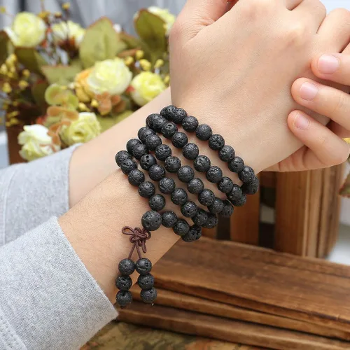 Miniatura 3 de Jovivi Pulsera de 6 mm y 8 mm con cuentas de piedra de lava natural, 108 cuentas de oración budista tibetana, collar y pulsera mala