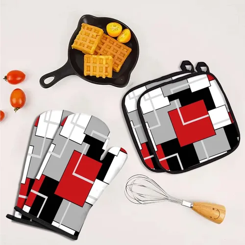 Miniatura 4 de MCALK Juego de 5 guantes de horno rojos y soportes para ollas, guantes de horno negros geométricos y almohadillas calientes para cocinar