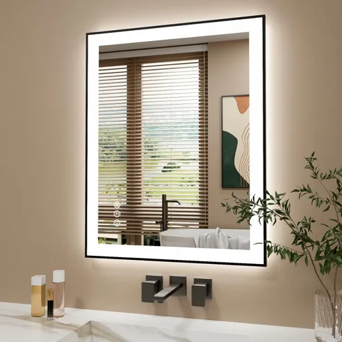 Miniatura 31 de Espejo de baño LED de 60x36 pulgadas con marco negro, espejos de baño retroiluminados y con luz frontal para pared, antiempañamiento, regulable