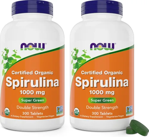 NOW Foods Tabletas de espirulina orgánica de 1000 mg – 300 unidades (paquete de 2) – Sin OGM, suplemento alimenticio integral súper verde