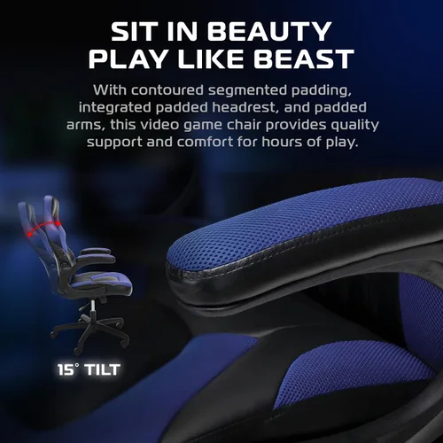 Miniatura 5 de RESPAWN 3085 Silla de juegos ergonómica para adultos, silla de oficina de respaldo alto con reposacabezas y brazos abatibles, asiento de cuero Azul