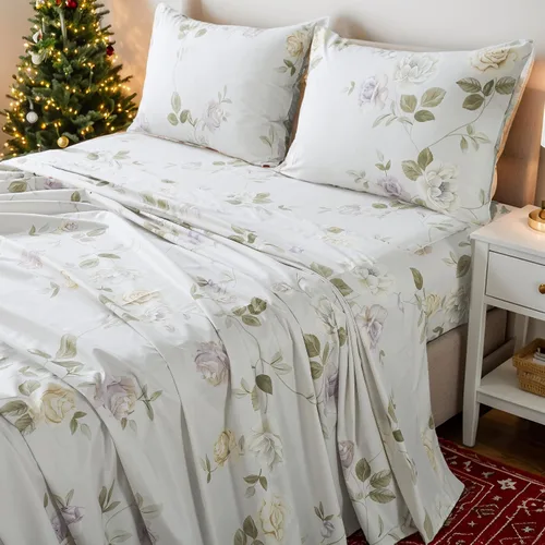 Miniatura 50 de FADFAY Juego de sábanas tamaño King, 100% algodón, elegante ropa de cama de granja con hojas verdes menta y flores blancas, sábana suave