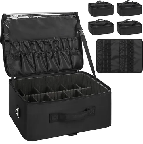 Miniatura 12 de Organizador profesional de cosméticos Travelmall, estuche de formación, de 3 capas, multifunción, en negro, caja artística para cosméticos, cepillos
