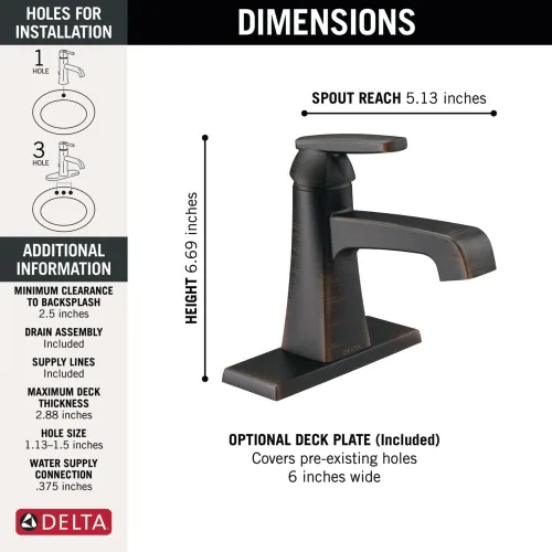 Miniatura 4 de Delta Grifo de baño Ashlyn Bronze para baño, grifo de baño de un solo agujero, mango único, tecnología de sello de diamante, ensamblaje de drenaje