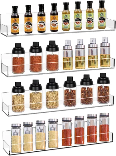 Estante de especias acrílico transparente montado en la pared, estante flotante de 15 pulgadas con protectores de extremo extraíbles para armario de