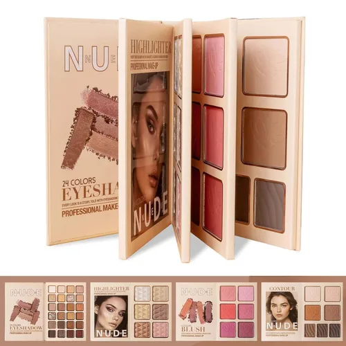 Paleta de maquillaje, sombra de ojos, resaltador, rubor y contorno, juego de paleta de maquillaje plegable estilo libro de 4 capas, brillo metálico