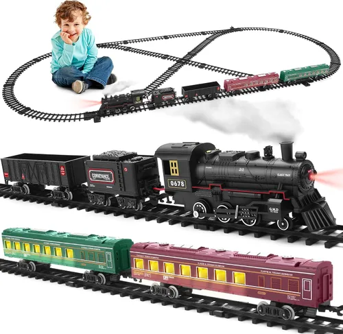 Juego de tren para niños, tren de locomotora de vapor con coche de carbón, vagón de pasajeros, coche de carga y pistas largas, kits de tren