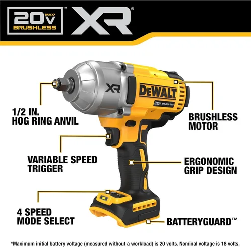 Miniatura 2 de DEWALT Llave de impacto inalámbrica de 20 V MAX, pistola de impacto de 1/2, alto par de 4 velocidades con yunque de anillo de cerdo y luz LED, motor