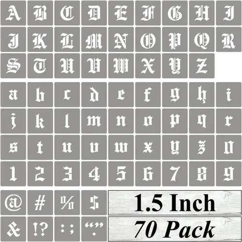 Miniatura 13 de Plantillas de letras del alfabeto de 1 pulgada para pintar, paquete de 70 plantillas de letras en inglés antiguo con números y letreros para pintar