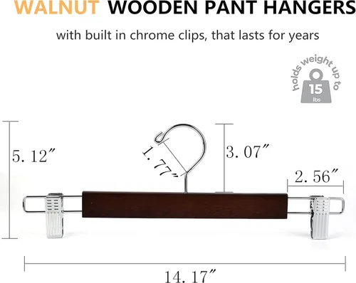 Miniatura 2 de Amber Home Paquete de 10 perchas de madera de nogal macizo de 14.17 pulgadas, perchas inferiores para pantalones pantalones jeans con 2 clips
