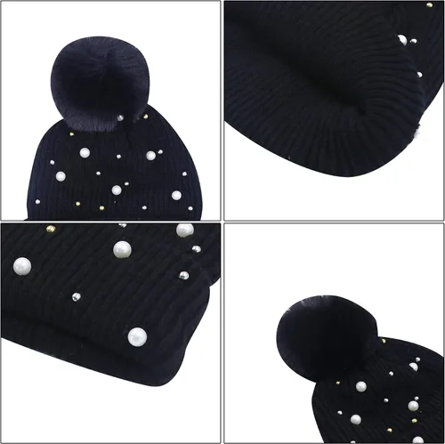 Miniatura 5 de Gorro de invierno holgado para mujer con bola de piel, gorro de perlas con perlas de otoño, gorro cálido y grueso, gorro de esquí con calavera
