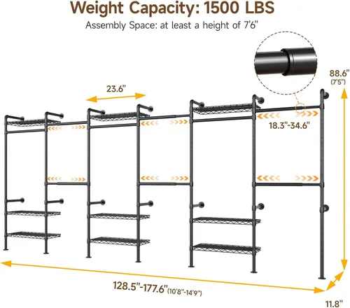 Miniatura 2 de H6 - Sistema de armario para montaje en pared, perchero industrial con 6 varillas telescópicas, 3 varillas de fijación y 9 estantes, organizadores