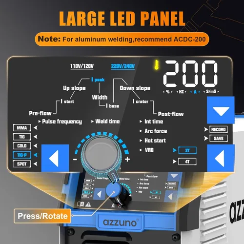 Miniatura 4 de AZZUNO Soldador TIG de 200 A con pulso frío, 5 en 1 DC HF TIG/TIG de pulso/TIG frío/TIG puntual/STICK, 110V y 220V de doble voltaje, soldador TIG