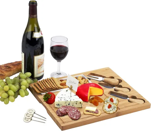 Miniatura 2 de Tabla de cortar de bambú grabada personalizada para queso y embutidos con plato de cerámica, juego de cuchillos y marcadores de queso, diseñada