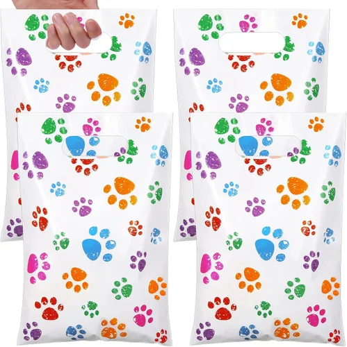 Miniatura 24 de Pasimy 100 bolsas de regalo de pata de perro a granel, diseño de pata de mascota, bolsas de plástico con asa para decoración de fiesta de cumpleaños