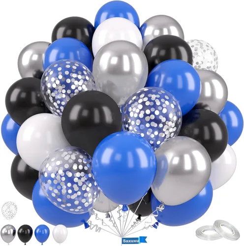 Miniatura 22 de Globos Saxuxu azul, amarillo y naranja, de 12 pulgadas, globos retro azul marino, amarillo y naranja, de látex y helio para cumpleaños de niños