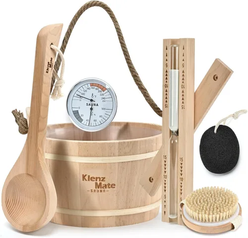 Juego de 6 accesorios para sauna, juego de cubo y cucharón de madera para sauna, termómetro higrómetro, temporizador de reloj de arena para sauna,