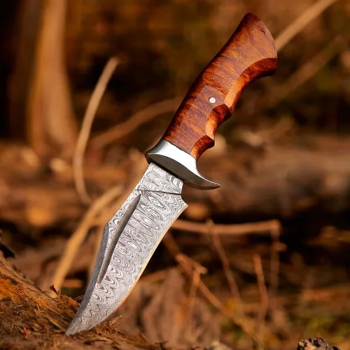 Miniatura 6 de Cuchillo de caza de Damasco hecho a mano con funda de piel Ideal para despellejado, camping, senderismo, actividades al aire libre Cuchillo
