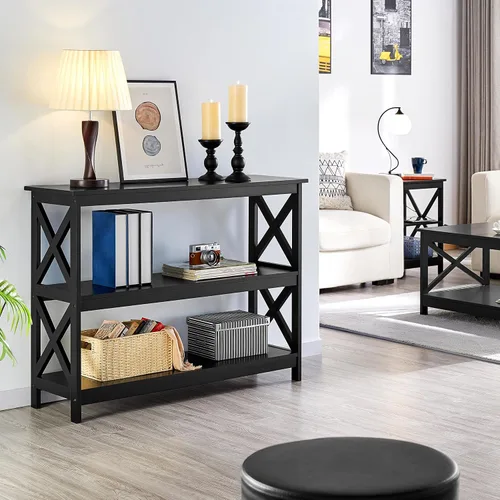 Miniatura 2 de Yaheetech - Mesa consola con estantes de almacenamiento, mesa de entrada de 3 niveles, mesa lateral para sofá, estrecha y larga, estantería