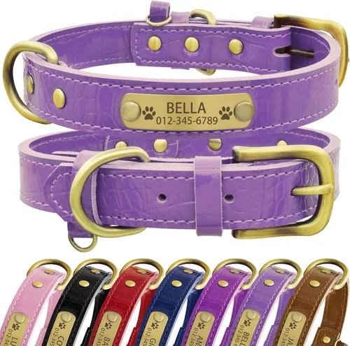 Collar de perro de cuero genuino personalizado con placa de nombre grabada, duradero y elegante collar de perro personalizado para perros pequeños,