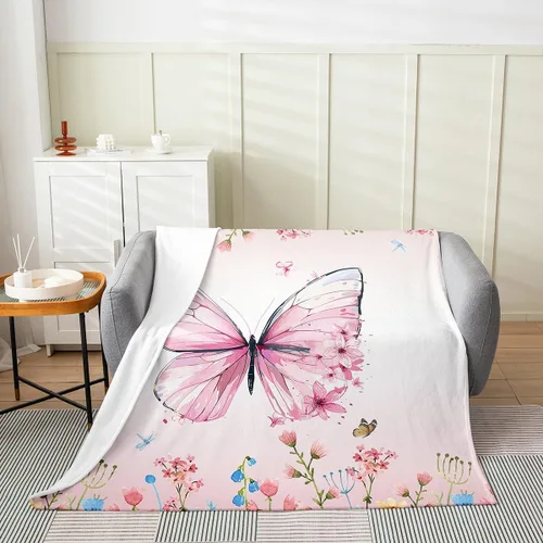 Miniatura 2 de Manta de vellón de mariposa, manta mullida de franela con flores rosas degradadas para cama, sofá, sillón durante todas las estaciones