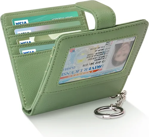 Miniatura 8 de FurArt Cartera plegable para mujer con 9 ranuras, bloqueo RFID, ventana de identificación, cartera compacta con llavero
