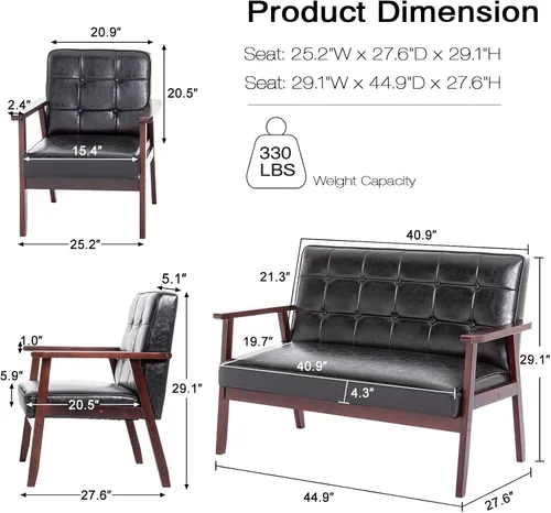 Miniatura 2 de Okeysen Juego de sofá loveseat moderno (negro) - Cuero ergonómico, diseño de mediados de siglo, 2 asientos y silla decorativa, muebles para espacios