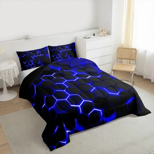 Miniatura 6 de Erosebridal Juego de Edredón de Panal, Juego de Ropa de Cama Geométrica de Luz Neón Queen para Niños Varones y Adolescentes, Juegos de Edredón