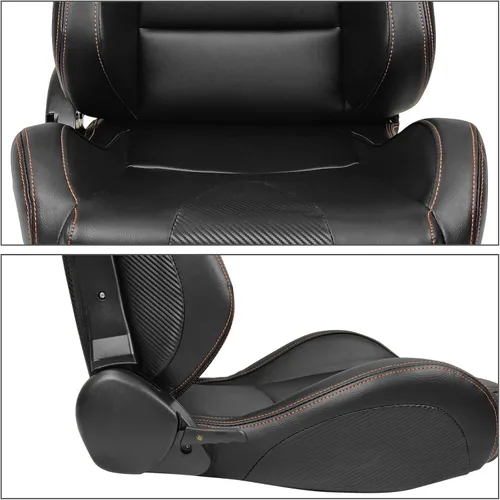 Miniatura 4 de IKON MOTORSPORTS, Asientos universales para vehículos de carrera con deslizadores dobles, negro con puntada naranja en PU y cuero de carbono