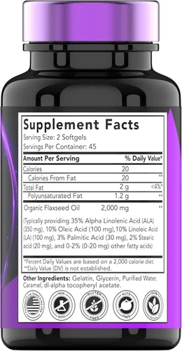 Miniatura 2 de tnvitamins Cápsulas blandas de aceite de linaza orgánica: 2000 mg - 90 cápsulas blandas Alto en ácidos grasos omega-3 Suplemento de aceite
