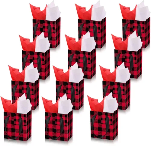 Miniatura 7 de Tenare 12 bolsas de regalo pequeñas, mini bolsas de papel a granel pequeñas con asa de papel para envolver regalos, suministros de Navidad, fiestas