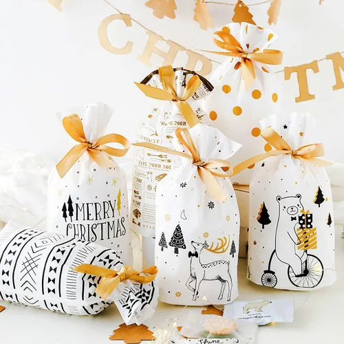 Zsail Bolsas de regalo de Navidad, 50 unidades, galletas de caramelo, bolsas de regalo de plástico con cordón para envolver bodas y fiestas