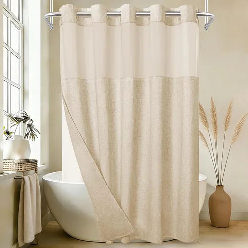 WONICY Juego de cortina de ducha de lino con textura sin gancho y forro a presión, cortina de ducha bohemia resistente, impermeable, lavable, gruesa