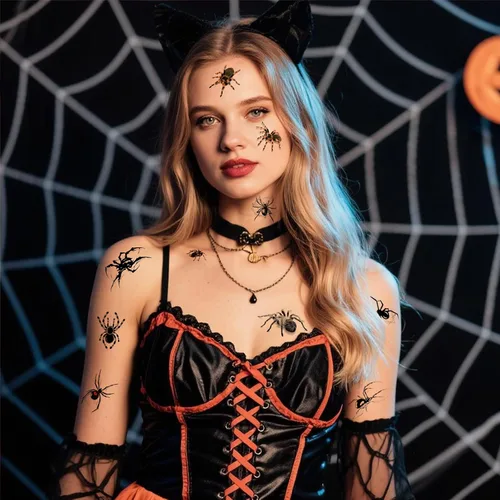 Miniatura 4 de Tatuajes temporales de araña de Halloween, calcomanías de arte facial y corporal, 10 hojas de calcomanías de tatuaje para el día de los muertos