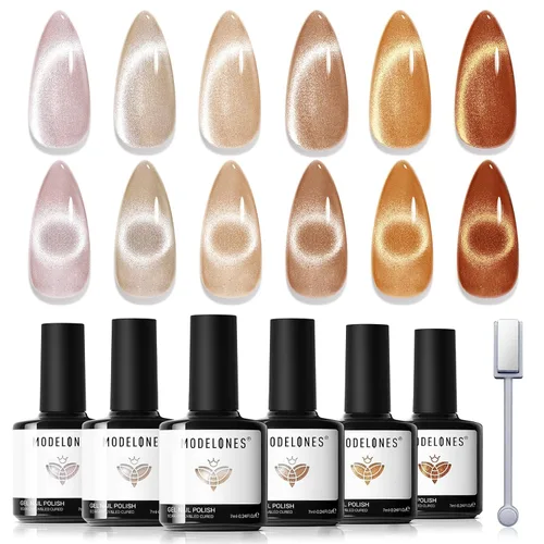 Miniatura 10 de modelones - Juego de 6 esmaltes en gel con efecto de ojo de gato cristalino, holográfico 9D, brillantina, negro, azul, morado, verde, con imán