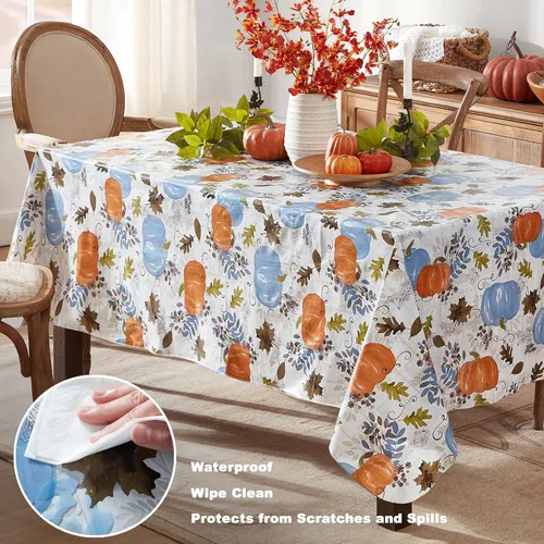 Miniatura 3 de Newbridge Mantel de vinilo azul de Acción de Gracias Hampstead Farm Pumpkin Field con reverso de franela, diseño de cosecha de otoño, 52 x 52