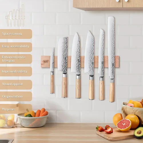 Miniatura 6 de FINDKING Juego de cuchillos de cocina de 7 piezas, con soporte magnético de madera, elegante juego de cuchillos de chef japoneses, hoja afilada