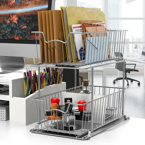 Miniatura 2 de Simple Houseware - Cajón organizador de cesta de alambre de 2 niveles, gris