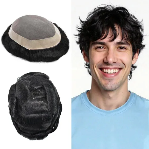 Miniatura 51 de Toupee cabello humano fino mono revestimiento de poliéster alrededor de la postizo duradero NPU monofilamento sistema de reemplazo de cabello