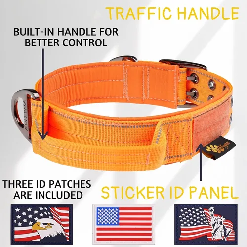Miniatura 2 de ADITYNA Collar de perro resistente para perros grandes, collar naranja reflectante con asa para entrenar y caminar, ancho, grueso, táctico