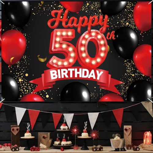 Miniatura 6 de Cartel de feliz cumpleaños 50 años rojo y negro, telón de fondo, decoraciones de globos, decoración temática para niñas, mujeres, princesas, fiesta