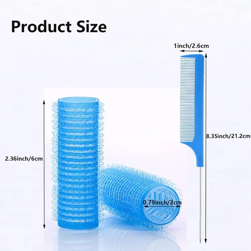 Miniatura 2 de Juego de 24 rodillos autoadhesivos sin calor para peluquería profesional y peluquería de bricolaje, rizadores de pelo medianos cortos con peine