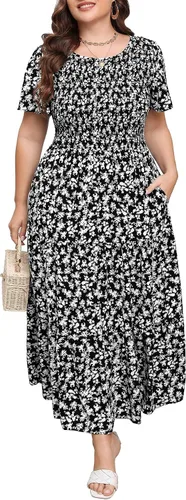 Younrui Vestido largo escalonado fruncido para mujer, talla grande, con bolsillos, elegante, manga corta, cuello redondo, floral, bohemio, vestido