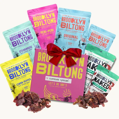 Brooklyn Biltong Regalo de carne seca de res para hombres (Paquete de caja de regalo Biltong de 7) – Carne de res saludable alimentada con pasto