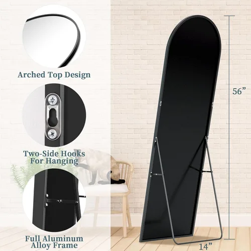 Miniatura 4 de Espejo de cuerpo entero con soporte, espejo arqueado de 58 x 18 pulgadas, espejo grande con marco de aluminio para colocar de pie, colgar o apoyar