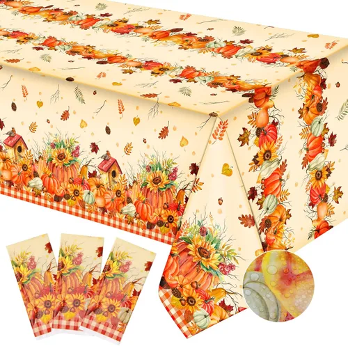 3 manteles rectangulares desechables de plástico para otoño, con hojas de arce, mantel rectangular impermeable para otoño para decoración de días