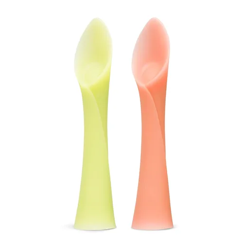 Olababy Cuchara de entrenamiento de punta suave 100% silicona para el destete dirigido por el bebé, paquete de 2 (limón/coral)