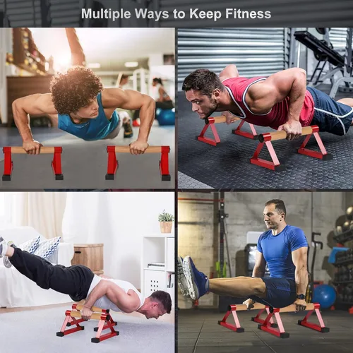 Miniatura 7 de Barras de flexiones de madera, barras paraletas, barras antideslizantes para parada de manos para calistenia, fitness, entrenamientos de piso, Rojo