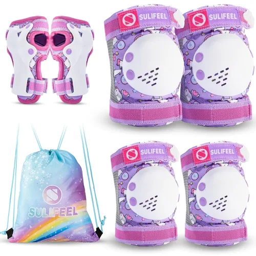 Miniatura 12 de SULIFEEL - Rodilleras de arcoíris y unicornio para niños, coderas, muñequeras con bolsa de cordón, juego de equipo de protección ajustable