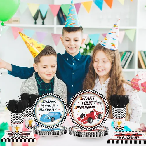 Miniatura 5 de 120 piezas Platos de Fiesta de Coches de Carreras Servilletas con Cuadros Suministros de Cumpleaños de Coches de Carreras para Niños Niños Vajilla